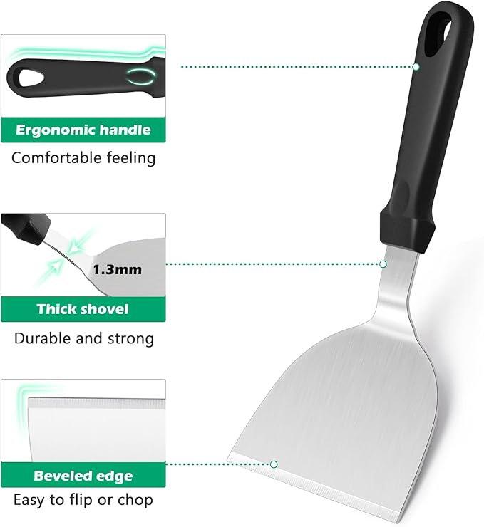 Metal Spatula Set of 2, HaSteeL 10 x 4.7In Stainless Steel Griddle Turner Flipper, Flat Top Griddle Teppanyaki Hibachi Tools for Barbecue Camping Cooking, Plastic Handle & Easy to Clean