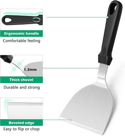 Metal Spatula Set of 2, HaSteeL 10 x 4.7In Stainless Steel Griddle Turner Flipper, Flat Top Griddle Teppanyaki Hibachi Tools for Barbecue Camping Cooking, Plastic Handle & Easy to Clean