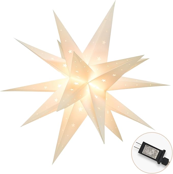 18" Plug-in Moravian Star Outdoor Light with Timer, Warm White 3D PVC Christmas Star IP44 Waterproof Hanging Decoration for Porch, Garden, Wedding, Indoor Holiday Display