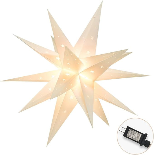 18" Plug-in Moravian Star Outdoor Light with Timer, Warm White 3D PVC Christmas Star IP44 Waterproof Hanging Decoration for Porch, Garden, Wedding, Indoor Holiday Display