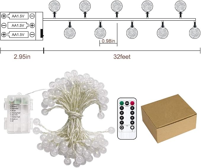Metaku Globe Fairy Lights Battery Operated 33ft 80LED String Lights with Remote Waterproof Indoor Outdoor Hanging Decorative Christmas Lights for Home Party Patio Garden Wedding (Pack of 3)
