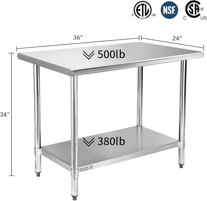 STABLEINK 18-Gauge Stainless Steel Prep Table with Undershelf 36”x24” 3ft | NSF Certified Heavy Duty Metal Work Table Workbench for Commercial Kitchen Restaurant Hotel Laundry Garage Chef Homemaker