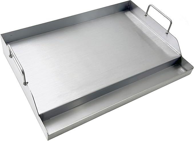 Parts DS126 Stainless Steel BBQ Cooking Griddle, Universal Flat Top Griddle with 2 Handles for Most Gas Grills, W18"×D12.5"×H2.75", Heavy Duty Stainless Steel Griddle 1pc, Middle size