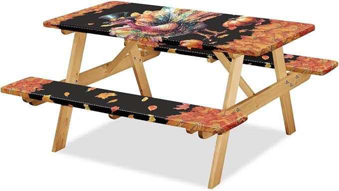 Thanksgiving 3 Piece Fitted Picnic Table Cover for Camping Party Supplies Turkey Pumpkin Maple Leaf Camping Tablecloth with Elastic Band