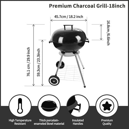 18 Inch Charcoal Grill, BBQ Kettle Grill with Enamel Lid & Ash Catcher, Portable Charcoal Grill for Outdoor Grill Camping and Small Patio Backyard, Includes Wheels for Easy Mobility