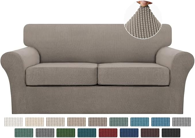 Turquoize 3 Piece Sofa Covers for 2 Cushion Couch Sofa Slipcover Soft Couch Cover for Dogs-Washable Sofa Furniture Covers with 2 Individual Cushion Covers Jacquard Fabric (2 Cushion Sofa, Taupe)