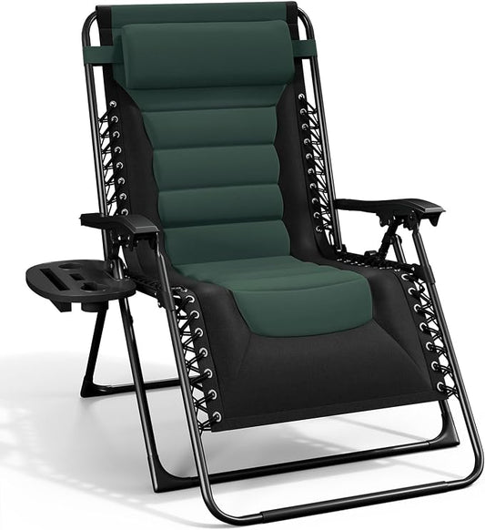 Nestl Padded Oversized Zero Gravity Chair, XL Folding Outdoor Lounge Chair | Adjustable Headrest, Cup Holder & Side Tray, Support 330 LBS, Reclining & Foldable, For Patio & Camping, Black/Forest Green