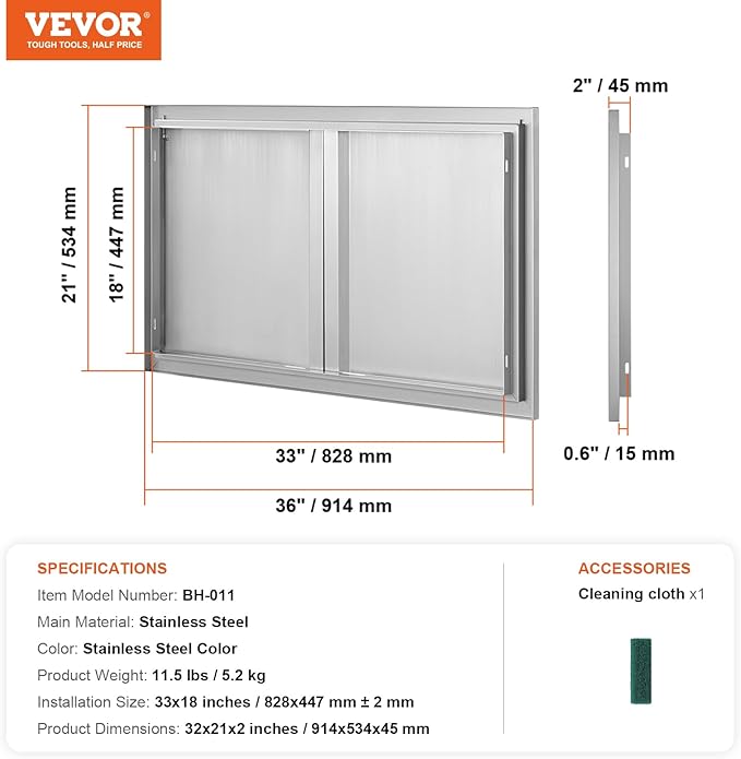 VEVOR BBQ Access Door, 36W x 21H Inch Double Outdoor Kitchen, Stainless Steel Flush Mount, Wall Vertical With Recessed Handles, for BBQ Island, Grilling Station, Outside Cabinet