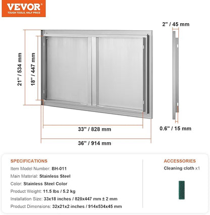 VEVOR BBQ Access Door, 36W x 21H Inch Double Outdoor Kitchen, Stainless Steel Flush Mount, Wall Vertical With Recessed Handles, for BBQ Island, Grilling Station, Outside Cabinet