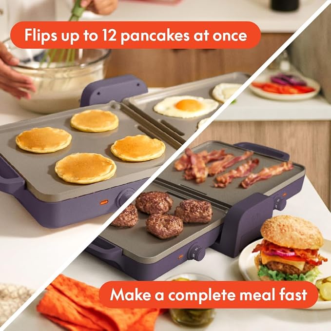 bella 10"x20" Fold and Store Griddle, Non-Toxic, Ceramic Coating, Plum