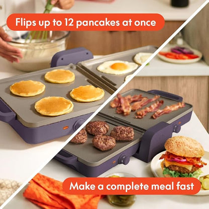 bella 10"x20" Fold and Store Griddle, Non-Toxic, Ceramic Coating, Plum