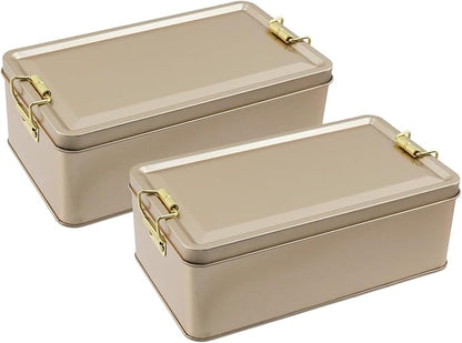 2 Pcs Metal Tin Lunch Storage Box, Tinplate Rose Gold Containers with Lid Buckle Latch for Outdoor, Picnic, Home (7.28"×4.13"×2.56", Rose Gold)