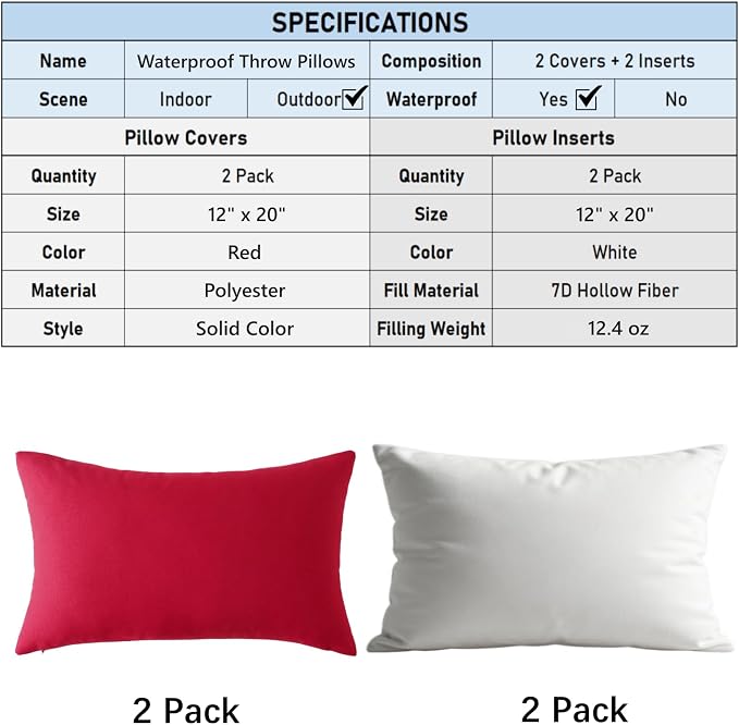 Outdoor Throw Pillows with Inserts, Waterproof Pillows for Outdoor Seating, Square Decorative Garden Cushion for Patio Furniture, Bed, Couch, Sofa (Red, 12" x 20" (Pack of 2))