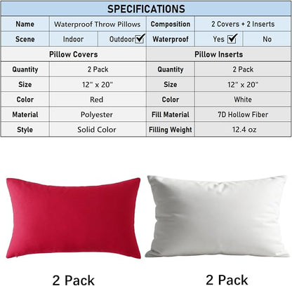 Outdoor Throw Pillows with Inserts, Waterproof Pillows for Outdoor Seating, Square Decorative Garden Cushion for Patio Furniture, Bed, Couch, Sofa (Red, 12" x 20" (Pack of 2))