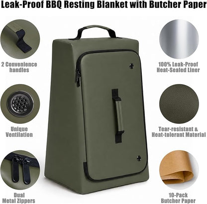 BBQ Blanket for Resting Meat, 270° Opening Leak-Proof Insulated Meat Resting Bag with Butcher Paper, BBQ Brisket Blanket for Pork Shoulder/Steak/Turkey, Smoker Grilling Accessories Gifts for Men/Dad