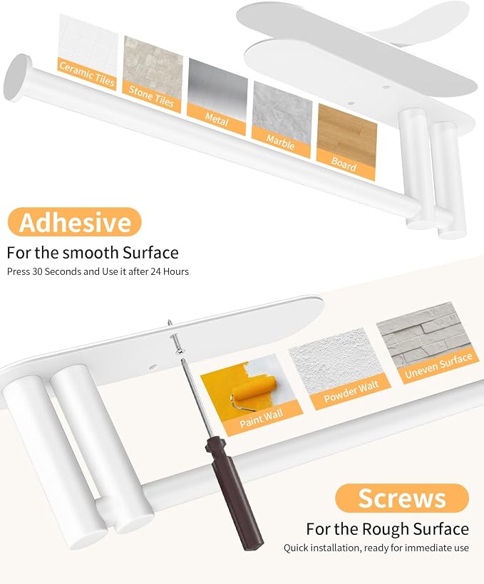 STWWO Paper Towel Holder Under Cabinet, Self-Adhesive Paper Towel Rack | White, Under Counter Under Sink Paper Towel Holder, Self-Adhesive or Wall Mounted, Fits Kitchens Bathrooms & RV