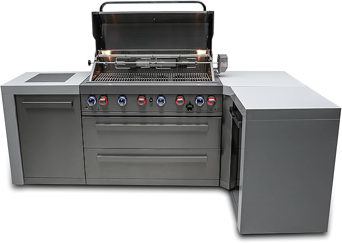 Mont Alpi Premium 94"W x 50"D Deluxe Stainless Steel L-shaped Modular Outdoor Kitchen Island with Infrared Side Burner + 44"W 6-Burner BBQ Gas Grill + Granite Countertops + Storage Cabinets & Drawers