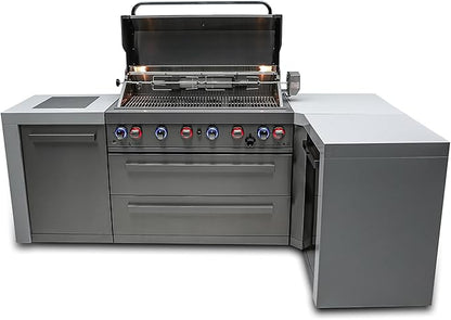 Mont Alpi Premium 94"W x 50"D Deluxe Stainless Steel L-shaped Modular Outdoor Kitchen Island with Infrared Side Burner + 44"W 6-Burner BBQ Gas Grill + Granite Countertops + Storage Cabinets & Drawers