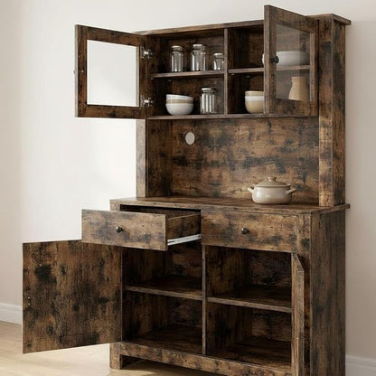 IDEALHOUSE 63" Kitchen Pantry Cabinet with Drawers, Hutch Cabinet with Storage, Microwave Stand, Adjustable Shelves, Freestanding Tall Pantry Storage for Dining Room, Living Room, Rustic Brown