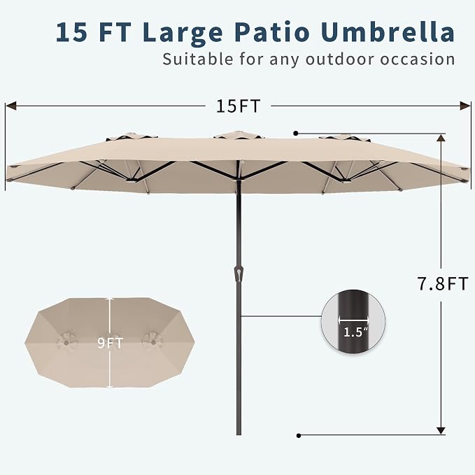 PatioKingdom 15FT Large Patio Umbrella with Base, Double Sided Rectangular Outdoor Umbrella with Sturdy Fiberglass Ribs, Market Umbrella for Pool,Garden,Backyard,Deck (Beige, 15FT)