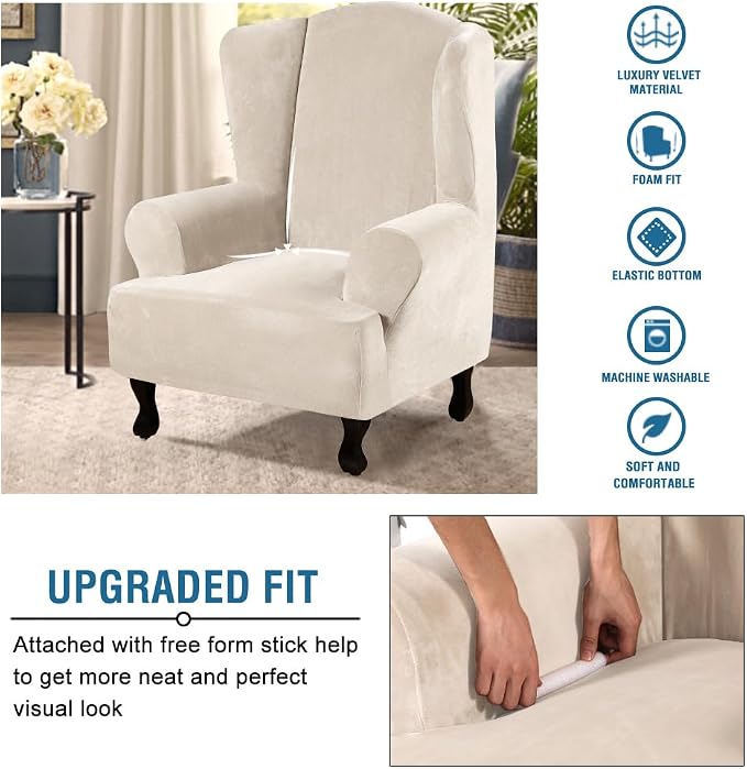 H.VERSAILTEX Wingback Chair Covers Polyester Spandex Plush Wing Chair Slipcover 1 Piece High Stretch Wing Back Chair Slipcovers Sofa Cover Furniture Cover with Elastic Bottom, Cream