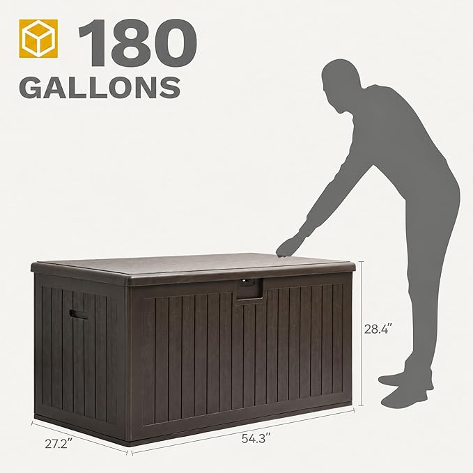 DWVO 180 Gallon Resin Outdoor Storage Box, XXL Double-Wall Waterproof Deck Box, Doubles as Table or Seating with 1000 lbs Capacity, Lockable (Brown)