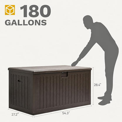 DWVO 180 Gallon Resin Outdoor Storage Box, XXL Double-Wall Waterproof Deck Box, Doubles as Table or Seating with 1000 lbs Capacity, Lockable (Brown)