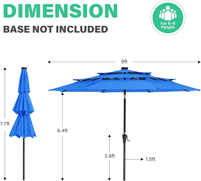 JEAREY 9 ft 3-Tier Outdoor LED Lighted Patio Umbrella w/Crank, Royal Blue | Solar Market Table Umbrella with 8 Sturdy Ribs, UV Protection Waterproof Sunproof for Garden, Deck and Backyard