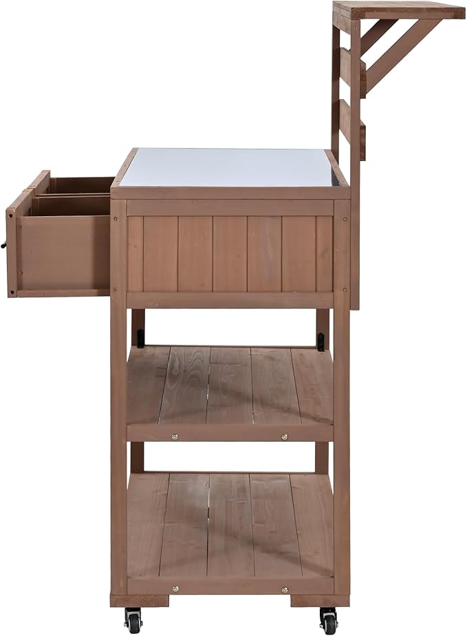 GDFStudio Elshire Patio Kitchen Island Cart with Storage, Wooden Outdoor Storage Cabinet with Stainless Steel BBQ Prep Table Top, Drawers, Raised Shelf and Lockable Wheels, Garden Potting Bench, Brown