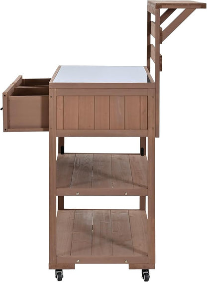 GDFStudio Elshire Patio Kitchen Island Cart with Storage, Wooden Outdoor Storage Cabinet with Stainless Steel BBQ Prep Table Top, Drawers, Raised Shelf and Lockable Wheels, Garden Potting Bench, Brown