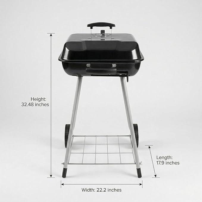 Portable 17.5-Inch Charcoal Kettle Grill with Wheels, Porcelain-Coated Steel Outdoor BBQ Smoker, Freestanding Grilling for Patio and Tailgating