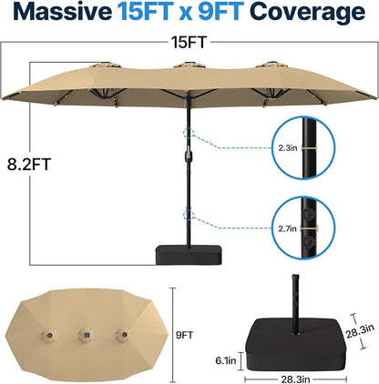 Suteck 15FT Patio Umbrella with Base & Solar Lights, Khaki | Double-Sided, Crank Handle, UV & Fade Resistant Canopy, Poolside, Backyard, Deck, Market