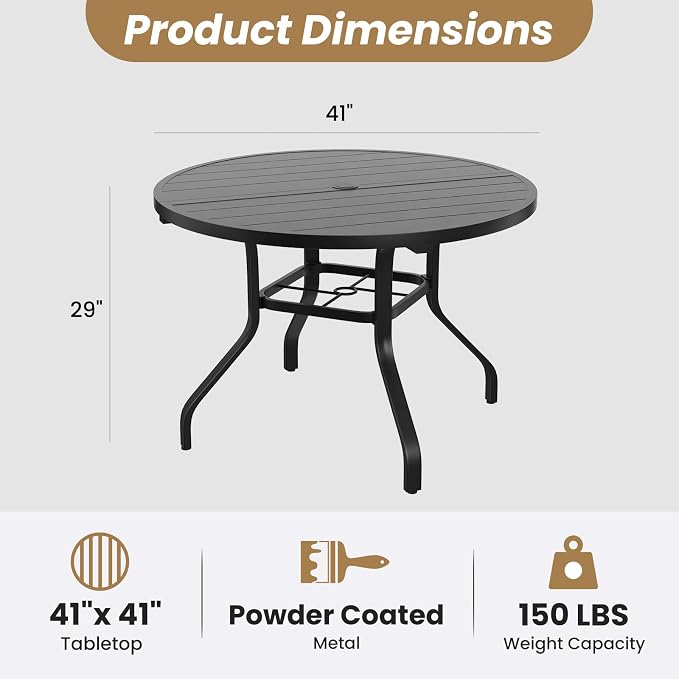 Round Outdoor Dining Table, 41" Round Patio Table with 1.57" Umbrella Hole, Metal Outdoor Dining Tables for Patio, Graden, Backyard and Poolside
