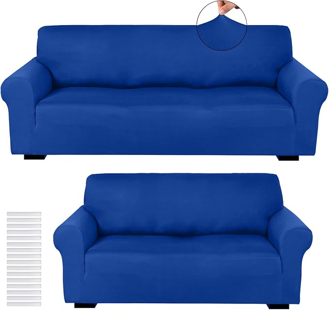 Peryiter 2 Pcs Couch and Loveseat Sofa Covers,Blue,Milk Silk | Armchair Covers for Living Room, Sofa Cushion Slipcover 2/3 Seater, Furniture Protector, Polyester and Spandex, Washable
