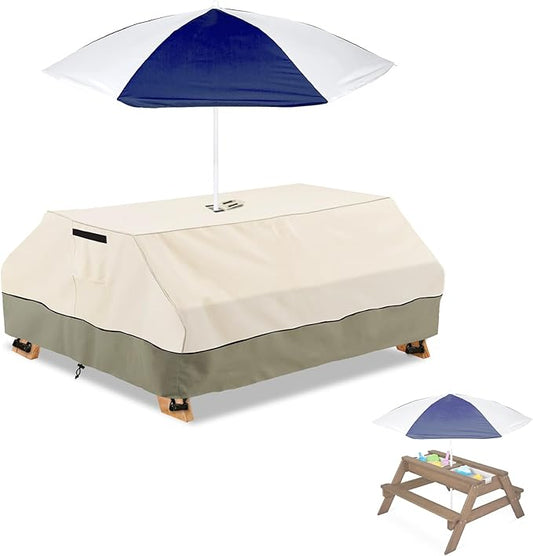 Bitubi Kids Picnic Table Cover with Umbrella Hole for Kids 3-in-1 Sand & Water Table, Waterproof Wood Outdoor Convertible Picnic Table Cover,Beige