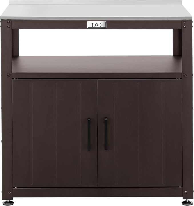 Feasto Metal Outdoor Potting Bench with Storage Cabinet for Garden Work | Durable Metal Cabinet & Stainless Steel Top, Open Middle Shelf, Raised Edge & Adjustable Feet, for Patio, Lawn & Greenhouse