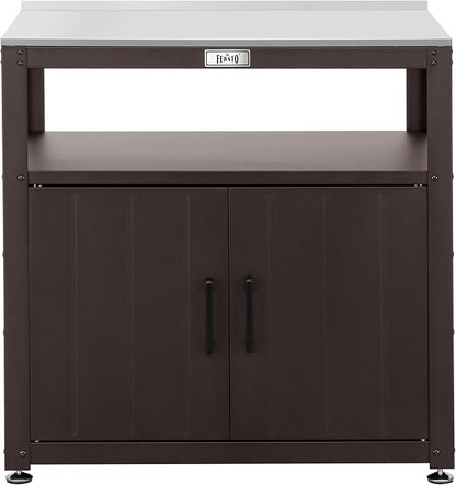 Feasto Metal Outdoor Potting Bench with Storage Cabinet for Garden Work | Durable Metal Cabinet & Stainless Steel Top, Open Middle Shelf, Raised Edge & Adjustable Feet, for Patio, Lawn & Greenhouse