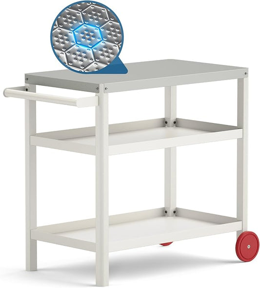 TORVA Outdoor Prep Grill Cart, Honeycomb Style Wear-Resistant Tabletop with High Load-Bearing Portable BBQ Cart, HDPE Durable Frame 3-Tier Storage Cart, White
