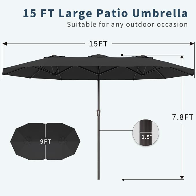 PatioKingdom 15FT Large Patio Umbrella with Base, Double Sided Rectangular Outdoor Umbrella with Sturdy Fiberglass Ribs, Market Umbrella for Pool,Garden,Backyard,Deck (Black, 15FT)