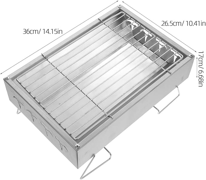 Toyvian Foldable Stainless Steel Barbecue Grill for Outdoor Camping Bbq, Portable Charcoal Stove 36x26.5x17.5cm, Compact Outdoor Cooking Rack