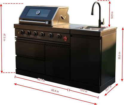 65.4 Inch Outdoor Kitchen Island, 4-Burner 72000 BTU Propane Stainless Steel BBQ with Side/Rear Burners, Outdoor Kitchen Bar Barbecue Island Grill,Marble Countertops,For Backyard BBQ