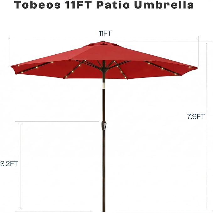 11FT Solar Lighted Patio Umbrella, Outdoor Table Market Umbrellas with Crank Lift, 32 LED Lights, 8 Sturdy Ribs, UV-Resistant for Deck, Garden, Pool