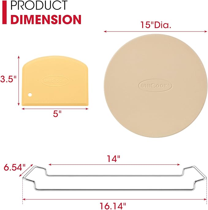 Unicook 15 Inch Round Pizza Stone for Oven and Grill, Comes with Carry Rack | Heat Resistant to 1450 ℉, Even Heating and Consistent Heat Retention, Crispy Crust for Fresh & Frozen Pizzas, Bread, Cookies