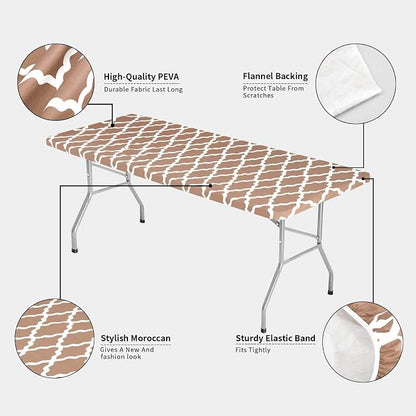 OutdoorLines Vinyl Fitted Picnic Table Cover with Bench Covers | Elastic Waterproof Camping Tablecloth for Picnic Table (Moroccon Camel 72x30 Inch, 3 Pcs)