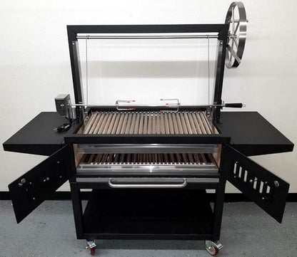 Black Outdoor Charcoal BBQ Parrilla Santa Maria/Argentine Rotisserie Grill Spit, with Stainless Steel #304 Grates, Wheels, Handle