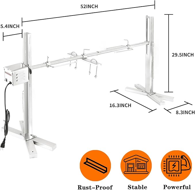 QPMR Rotisserie Grill Kit, 52" Outdoor Electric Stainless Steel Tripod Rotisserie Stand, 90LBS Pig Spit Rotisserie Grill, Height Adjustable BBQ Rotisserie Kit, Pig Rotisserie Hog Lamb Campfire