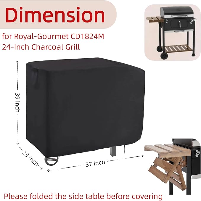 Charcoal Grill Cover for 24 in Royal Gourmet CD1824M Grill with Side Table | 37x23x39,Waterproof Dustproof Heavy Duty Oxford Fabric