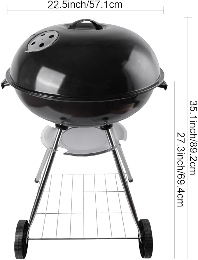 22-inch Charcoal Grill Kettle grill: Black Portable grill with stainless steel grilling net - backyard barbecue party grill (22inch)