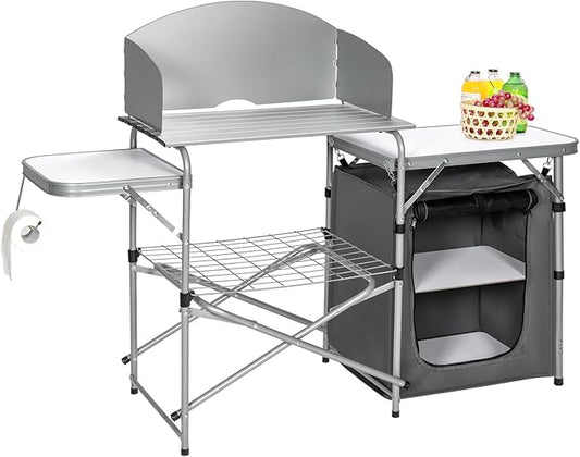 HAPPYGRILL Folding Grill Table Outdoor Camping Kitchen Table with Carry Bag Portable Aluminum Camp Cook Station for BBQ Picnic (Grey)
