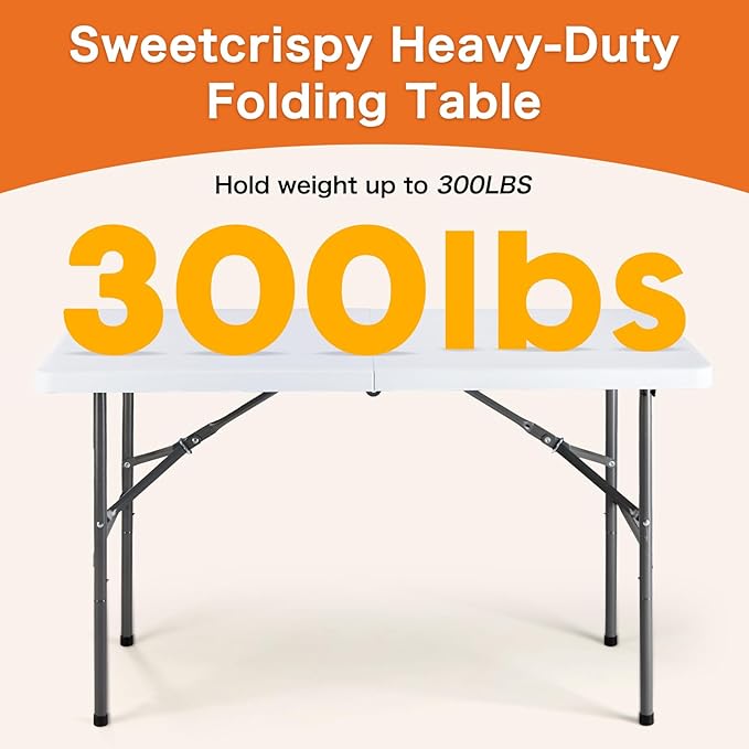 Sweetcrispy 4 FT Folding Picnic Table Easy to Fold and Store, Foldable Table for Camping Picnic Dining Party Kitchen Outdoor Indoor with Carrying Handle